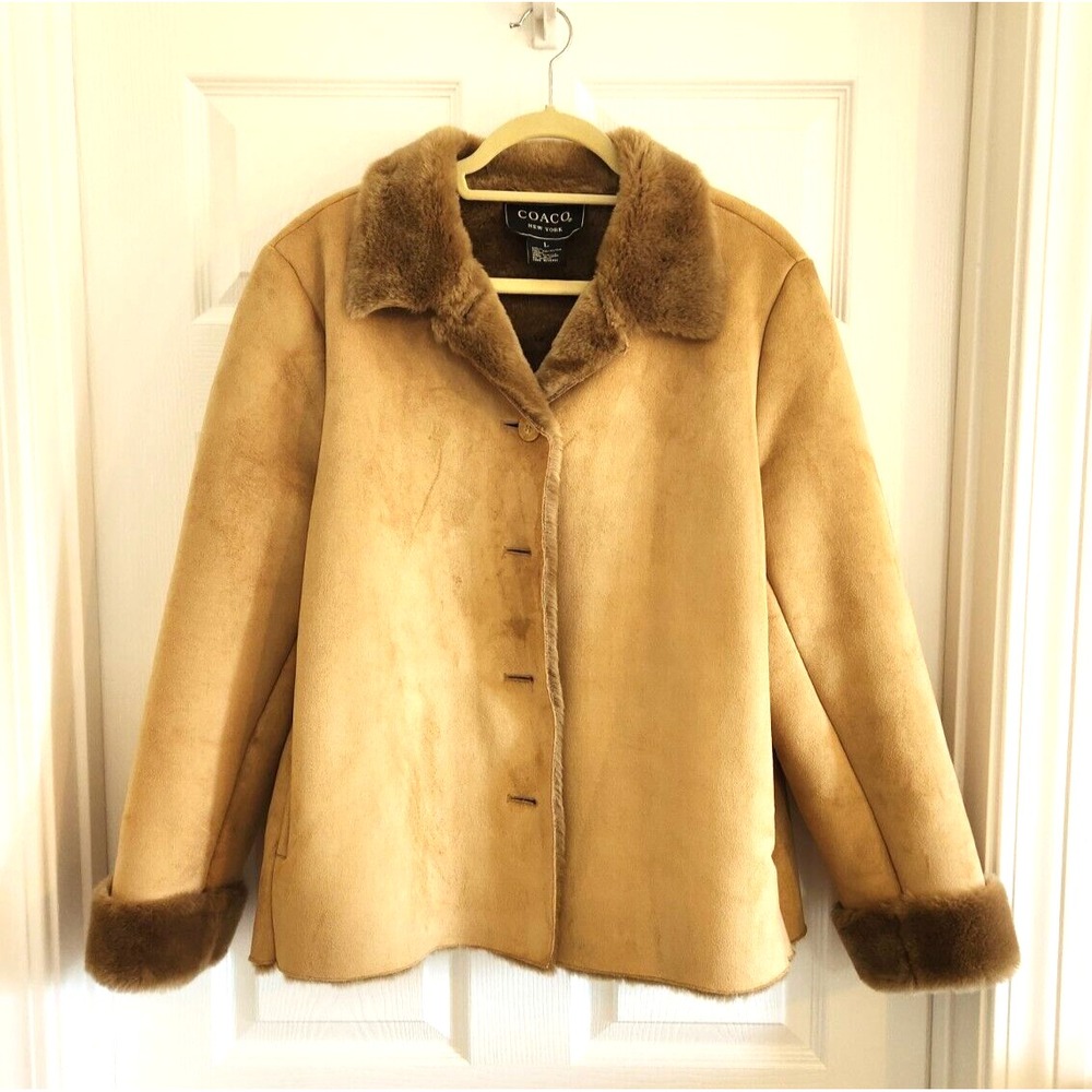 COACO New York Womens Sz Large Faux Suede Coat Jacket Brown/Tan 5 Button Close